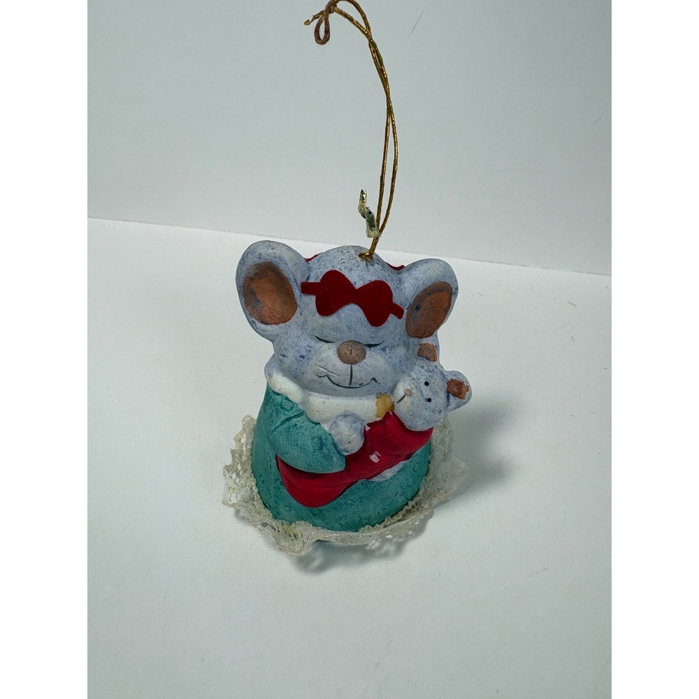 Vintage Jasco Ceramic Christmas Bell Ornament Mother and Baby Mouse Lace Trim